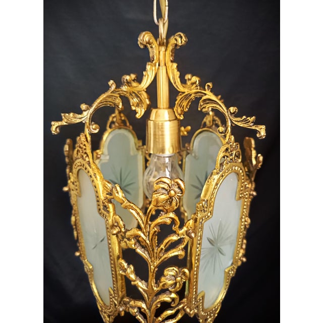 Vintage Brass Chandelier Pendant Light French Style Floral Glass Ceiling Fixture For Sale - Image 11 of 12