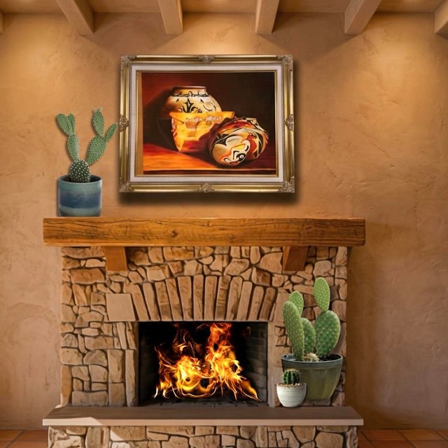 Original Southwest style painting of Acoma pottery and a medicine bag. Beautiful light with warm tones in browns, cream,...