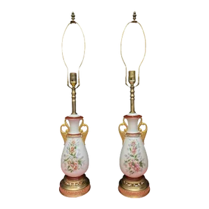 Mid-Century White Floral Porcelain Table Lamps - a Pair