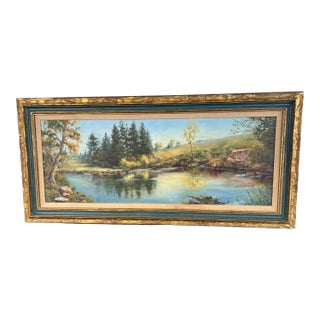 Mid Century Large Panoramic River Landscape Painting Signed For Sale