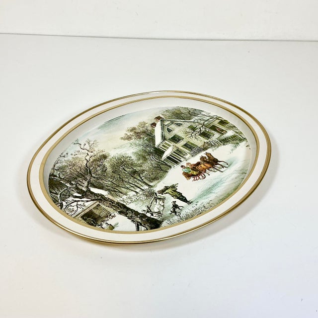 Mid-Century Americana Farmhouse Currier & Ives Metal Tray - The American Homestead, Winter For Sale - Image 9 of 14