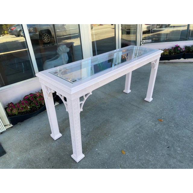 Vintage John Stuart Palm Beach Coral Lacquered Fretwork Glass Top Console Table For Sale - Image 10 of 13