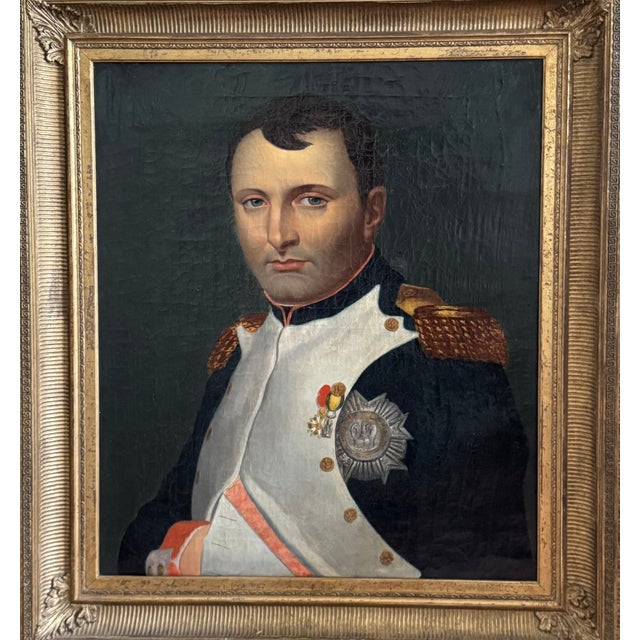 Oil portrait on canvas, painted in the 19th century, depicting Napoleon I, in the style of Jacques-Louis David. Bust...
