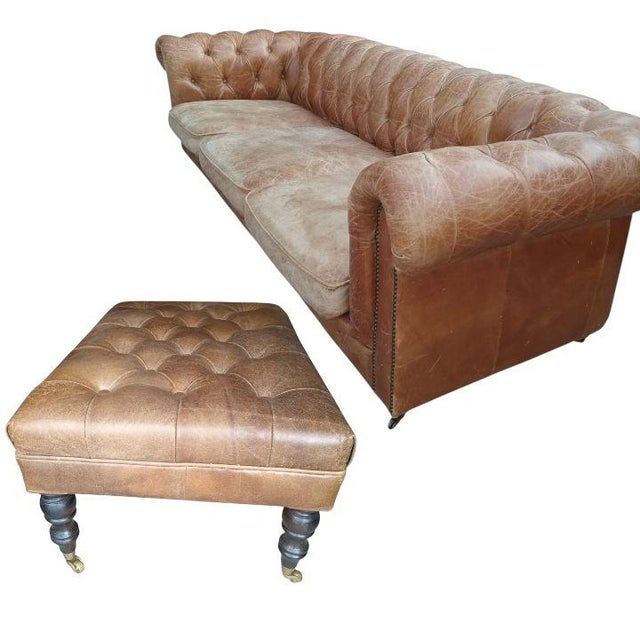 Traditional Elevate Your Living Space With This Stunning, Handcrafted Chesterfield Sofa and Ottoman in Genuine Tan Leather For Sale - Image 3 of 12