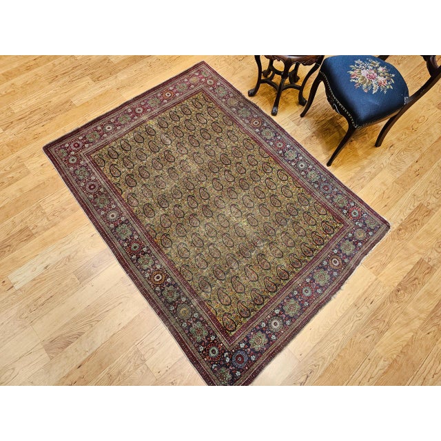 Vintage Persian Tabriz Rug, Hand-Knotted Wool, Allover Paisley Pattern, Chartreuse & Red, 5x6 For Sale - Image 4 of 15