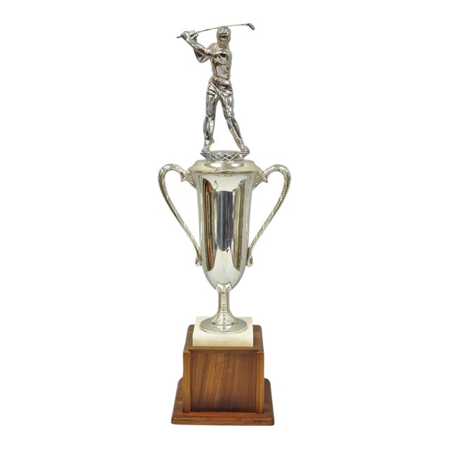 Vintage 1970s Art Deco Silver Metal Marble & Wood Figural Golf Trophy Award Cup For Sale