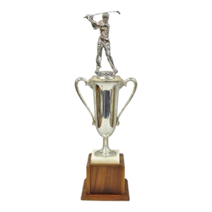 Vintage 1970s Art Deco Silver Metal Marble & Wood Figural Golf Trophy Award Cup