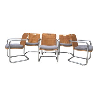 1970s Cantilever Chrome Wicker Rattan Modern Dining Chairs by Chromcraft Set of 6 For Sale
