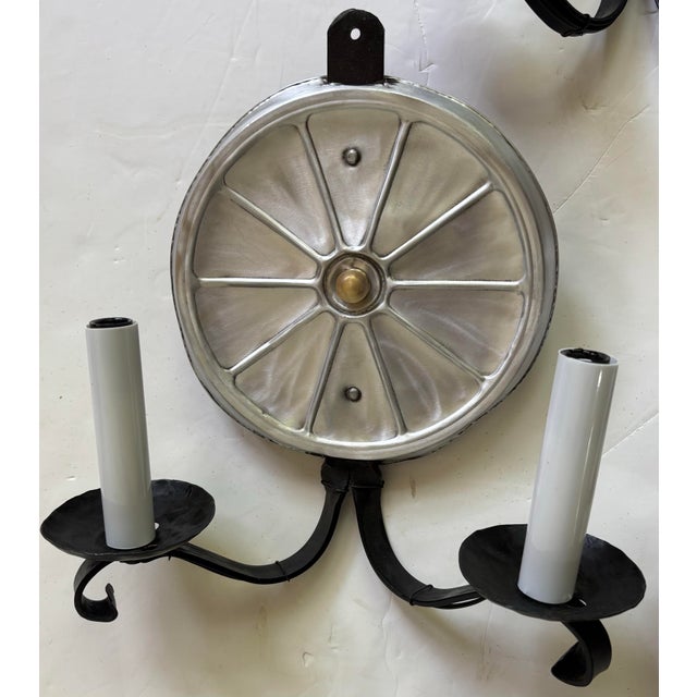 1940s Set of 6 Wrought Iron-Arm Sconces With Pewter Reflectors For Sale - Image 5 of 8