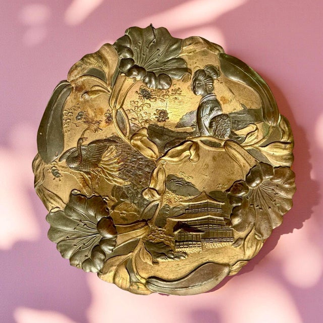 This antique Japanese mixed-metal relief wall plaque dates to the late 19th century Meiji period and is a fine example of...