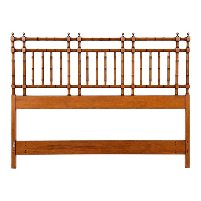 1960s Chinese Chippendale Faux Bamboo Queen Headboard With Brass Finials For Sale