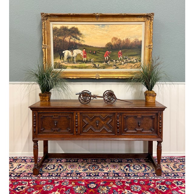 CHARMING Antique English Oak Jacobean Sideboard, Server, Console, Entry or Sofa Table c. 1930s ~~Three carved drawers for...