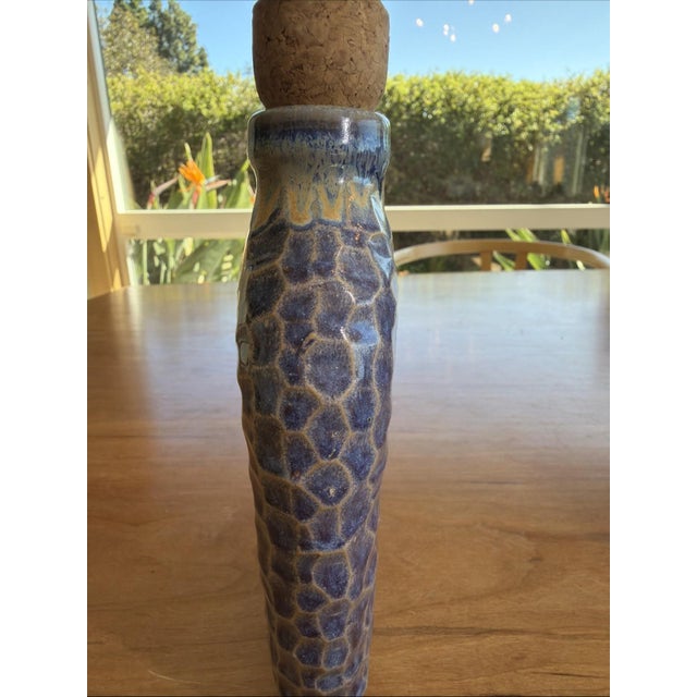 Mid-Century Modern 1980s Signed Studio Pottery Flask 7.5” Blue & Amber Textured Art Pottery w Cork For Sale - Image 3 of 7