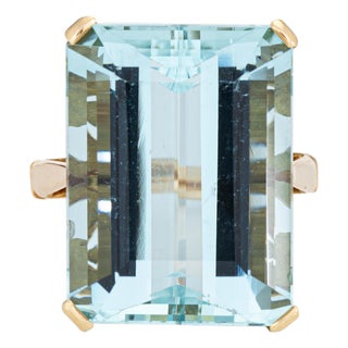 17ct Aquamarine Ring Icy Blue Vintage Mid Century 14k Gold Sz 5 Emerald Cut For Sale