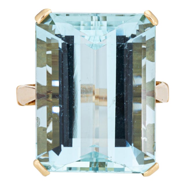 17ct Aquamarine Ring Icy Blue Vintage Mid Century 14k Gold Sz 5 Emerald Cut For Sale