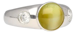 Bezel Set Chrysoberyl Cat's Eye and Diamond Three Stone Ring in 18k White Gold