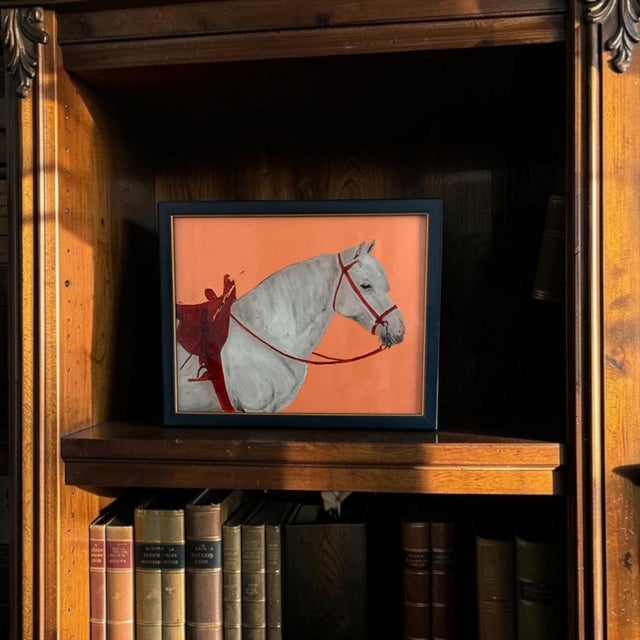 A striking mid-century reverse-painted glass portrait of a white horse, executed in an expressive folk art style and...