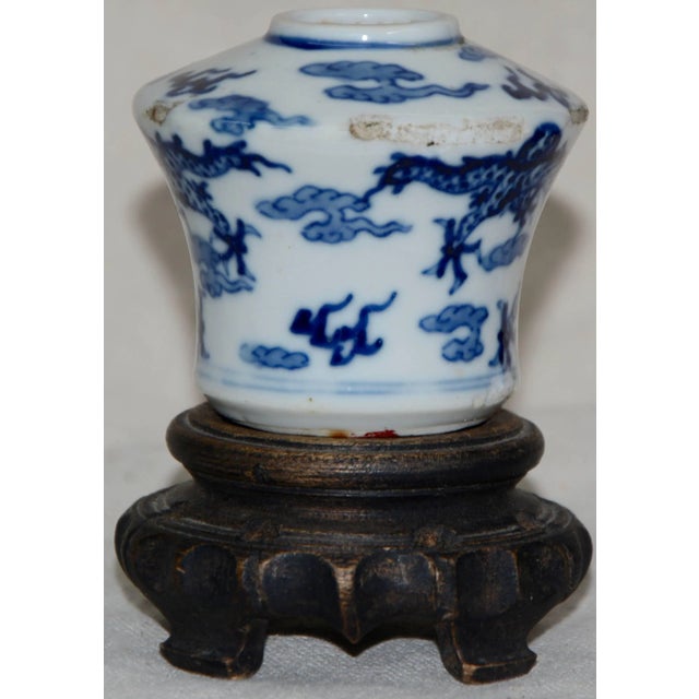 Early 19th Century Blue and White Asian Ceramic Art Piece With Wooden Stand For Sale - Image 5 of 12