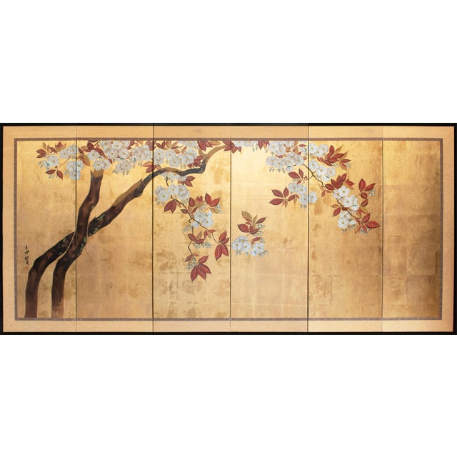 C. 1970s Chinese Six-Panel Gold Leaf Style Painted Screen "Blossoming Plum Tree" For Sale - Image 18 of 18
