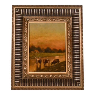 Early 20th Century Framed Signed CC Walger Painting of Cows in Morning Light For Sale