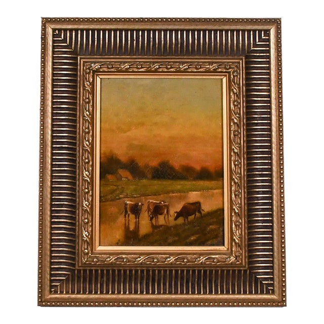 Early 20th Century Framed Signed CC Walger Painting of Cows in Morning Light For Sale