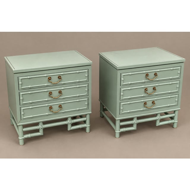 Offered is a pair of luxury high end vintage night stands. Three-drawer cabinet structure, signature geometric bamboo...