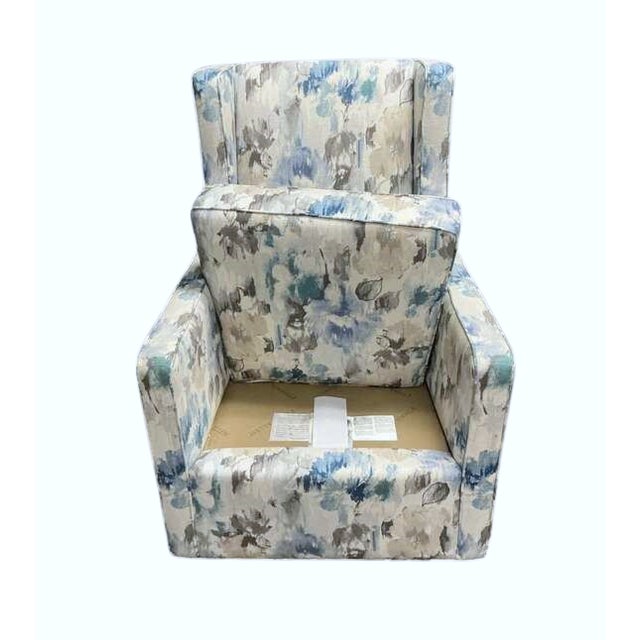 Baby Blue Pair of Ethan Allen Custom Floral Swivel Rocker Lounge Chairs in Contemporary Watercolor Upholstery For Sale - Image 8 of 9