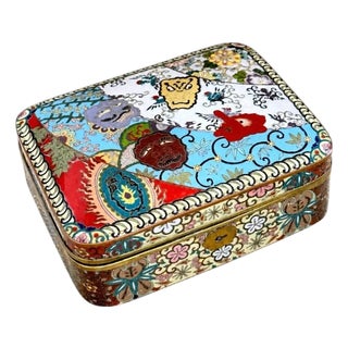 Rare Large Japanese Cloisonne Enamel Theatrical Mythical Mask Box Meiji For Sale