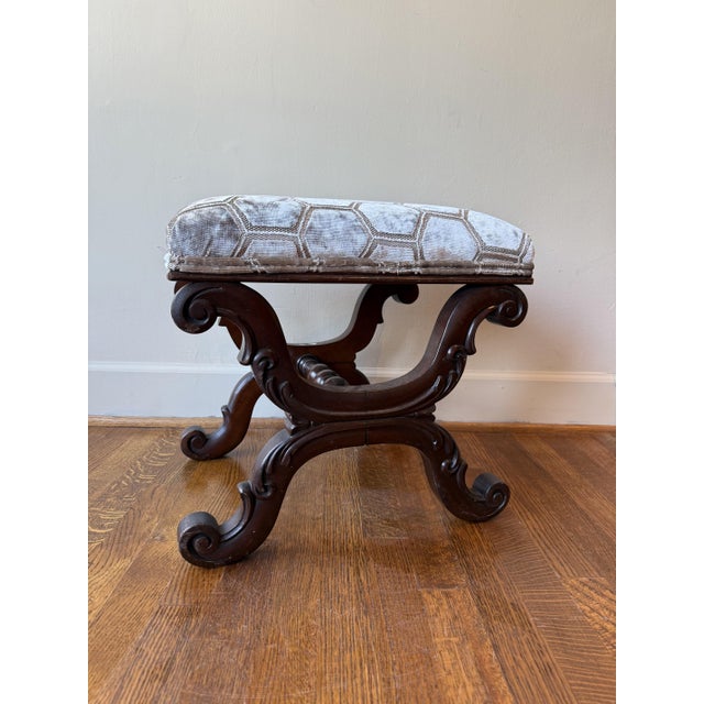 Dimensions: 18"W X 15"D X 17"H Circa 1900 antique walnut William IV–style ottoman featuring a warm mahogany finish,...