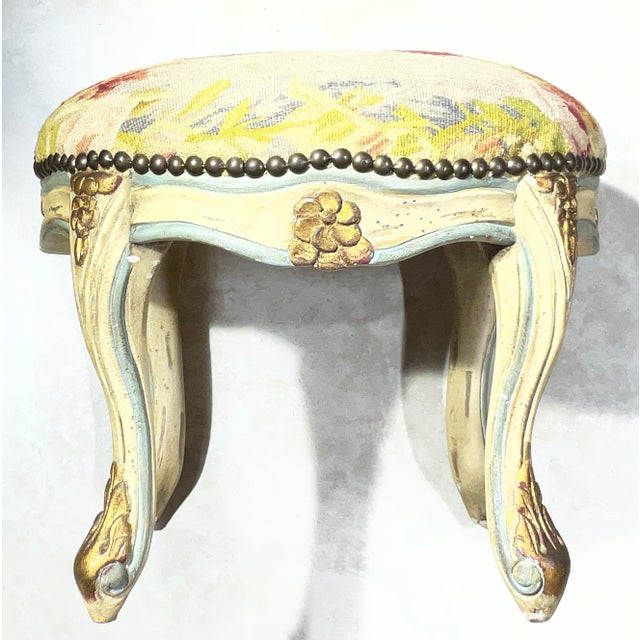 Wood Vintage French Tapestry Footstool – Hand-Made Rooster & Floral Needlepoint. For Sale - Image 7 of 14