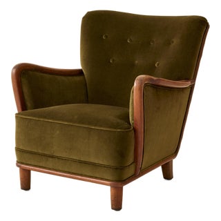 Danish Lounge Chair With Velvet and Wood Trimmed Armrest, 1940's For Sale