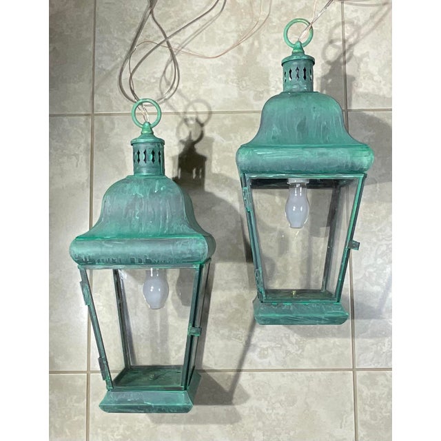 Pair of Vintage Solid Brass Hanging Lanterns. 20”.5 H X 8”.5w X 8”.5 W For Sale - Image 13 of 17