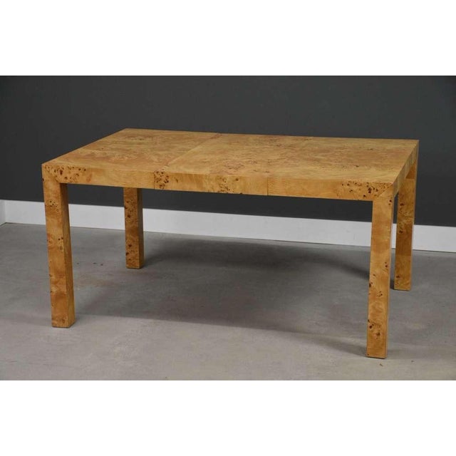 Mid-Century Modern Refinished Milo Baughman Square to Rectangle 40” - 79” Parsons Burl Dining Table For Sale - Image 3 of 11