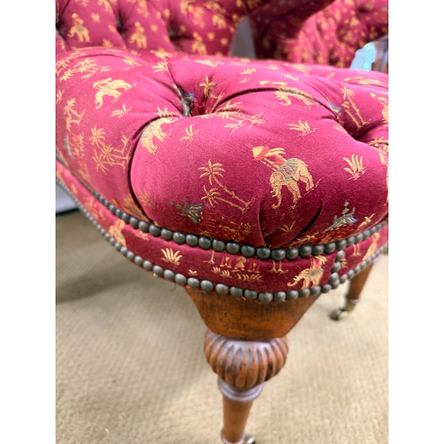 Wood Pair of Chinoiserie Tufted Red Barrel Back Slipper Chairs For Sale - Image 7 of 11