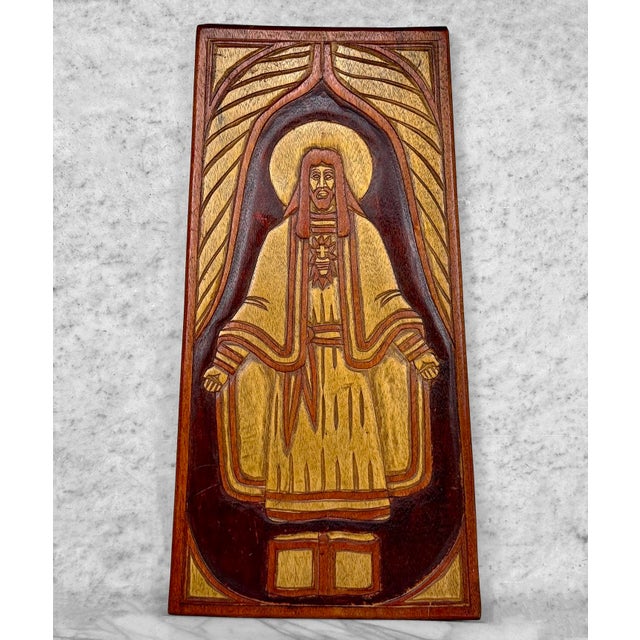 Mid-Century Modern Mid-Century Carved Walnut Religious Jesus Plaque Sculpture - 21" For Sale - Image 3 of 7