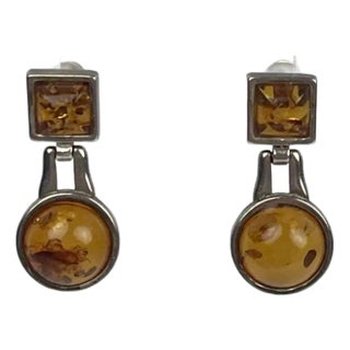 Mid 20th Century Amber and Sterling Silver Geometric Dangle Earrings- Set of 2 For Sale