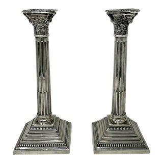 Antique Pair English Sterling Silver Candlesticks Candelabra Corinthian Columns For Sale
