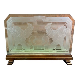 Mid 20th Century Art Deco Etched Glass Fireplace Screen With Brass Base For Sale