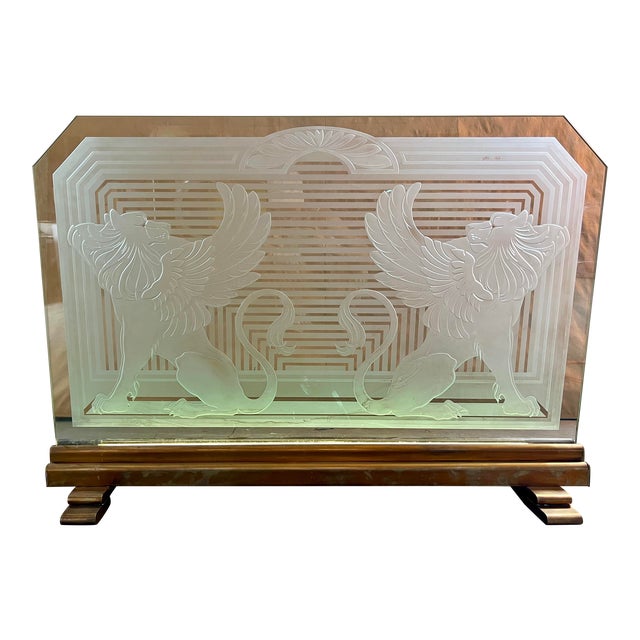 Mid 20th Century Art Deco Etched Glass Fireplace Screen With Brass Base For Sale