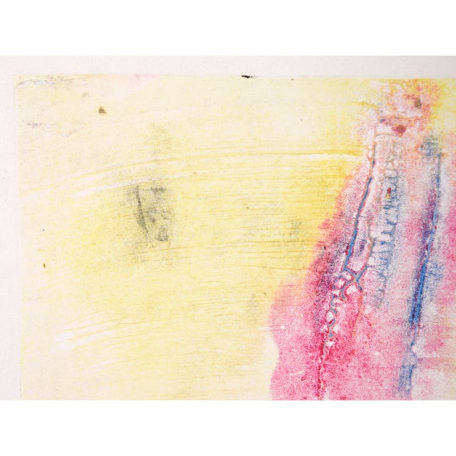 Blue and Pink on Yellow - Textured Transfer Monotype in Oil on Paper by Heather Speck For Sale - Image 4 of 6
