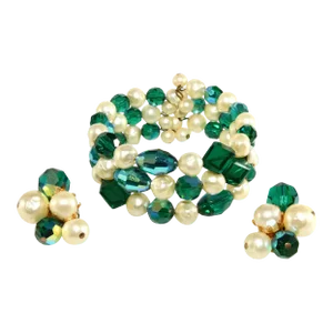 Vintage Hattie Carnegie Green Faux Pearls Wrap Bracelet Earrings Set - 3 Pieces