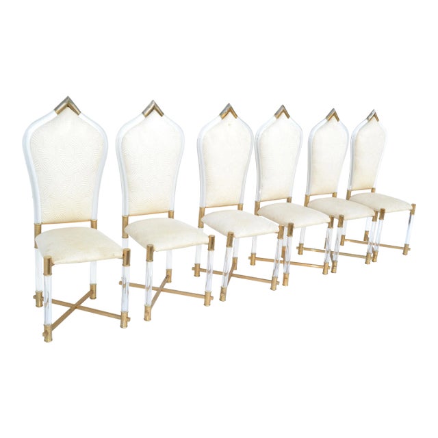 Set 6 Charles Hollis Jones Mid-Century Modern Lucite & Brass X Base Dining Chair For Sale