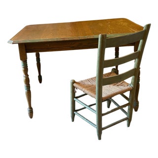 Vintage Primitive Farmhouse Table & Rush Seat Chair Set | Dining or Desk For Sale