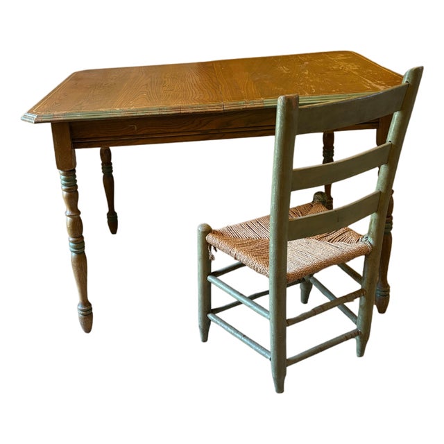 Vintage Primitive Farmhouse Table & Rush Seat Chair Set | Dining or Desk For Sale