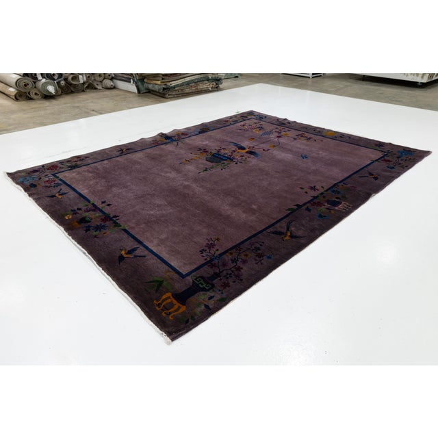 Antique Chinese Art Deco Rug Plum Purple Wool Floral & Bird Motif 9x12 For Sale - Image 10 of 11