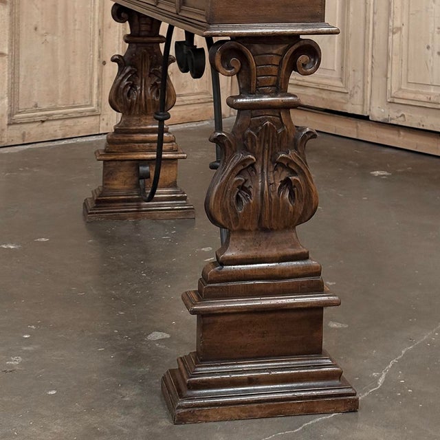 Mid Century Spanish Walnut Sofa Table ~ Console With Hand Forged Iron Stretcher For Sale - Image 15 of 18