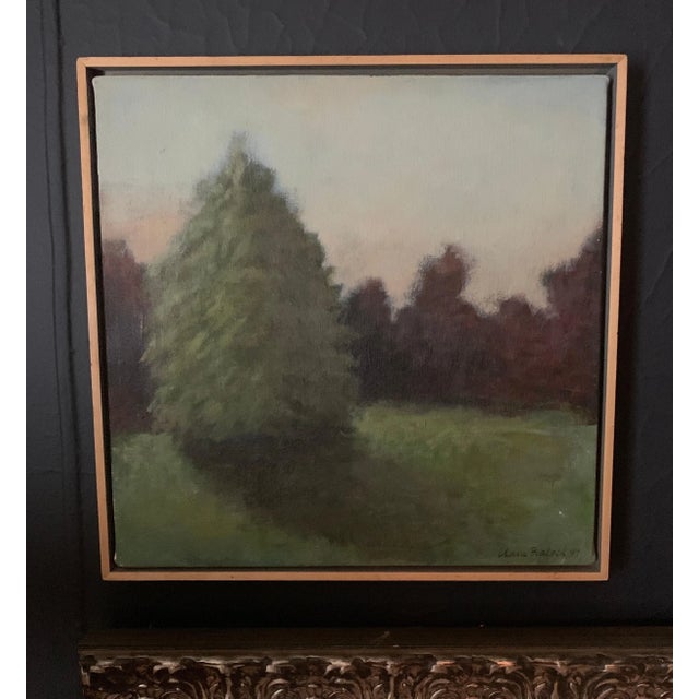 Trees on a horizon in green hues with shadow and neutral sky. Acrylic on Canvas. Art work is set in a wood frame....