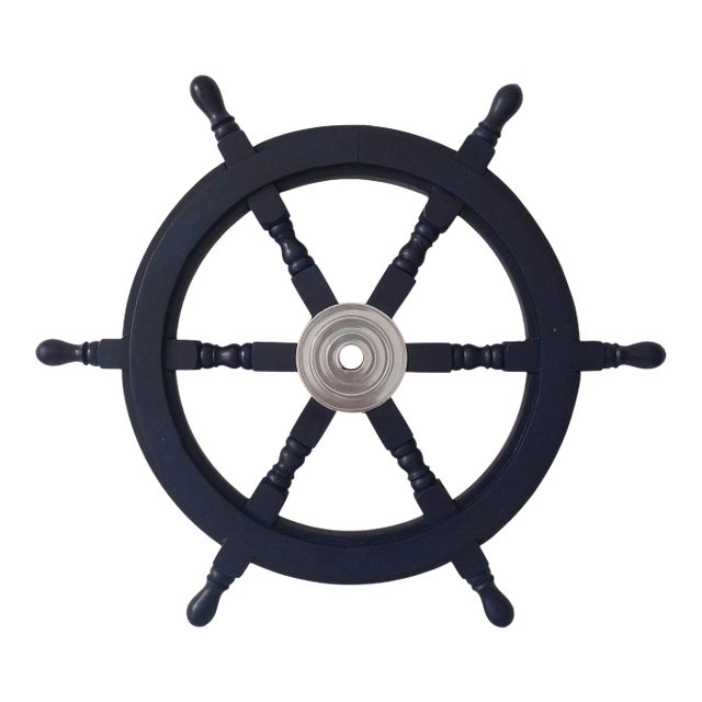 Early 19th Century Nautical Handcrafted 24 Inch Dark Blue Wooden Ship Wheel, Home Wall Décor For Sale