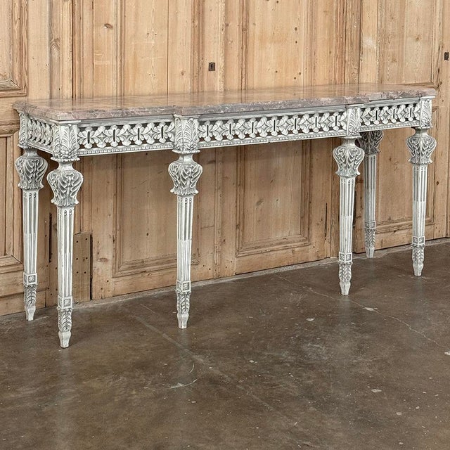 Grand Neoclassical Italian Painted and Carved Wood Console With Marble Top ~ Louis XVI Style For Sale - Image 4 of 18