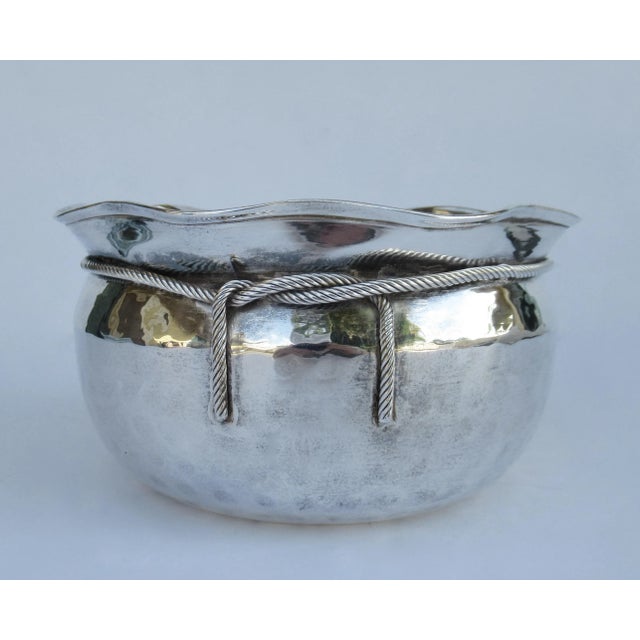 Vintage Mid-Century "Made in India" Hammered Silverplate Tassel Roped Cachepot/Decorative Center Bowl For Sale - Image 13 of 13